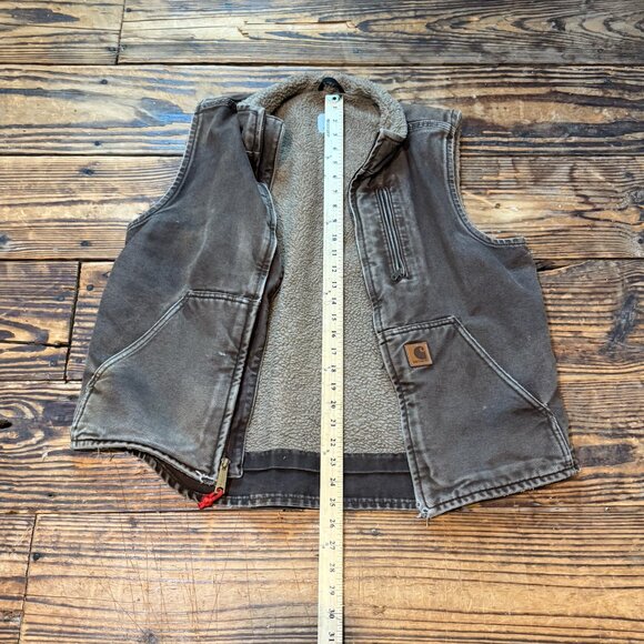 Vintage Carhartt Vest Brown Sherpa Lined Duck Canvas V33 DKB Medium Rugged Work - Picture 8 of 12